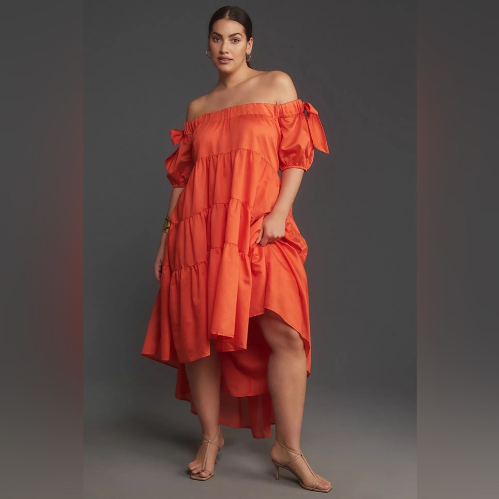 Off-The-Shoulder Tiered High-Low Midi Dress - Picture 2 of 13